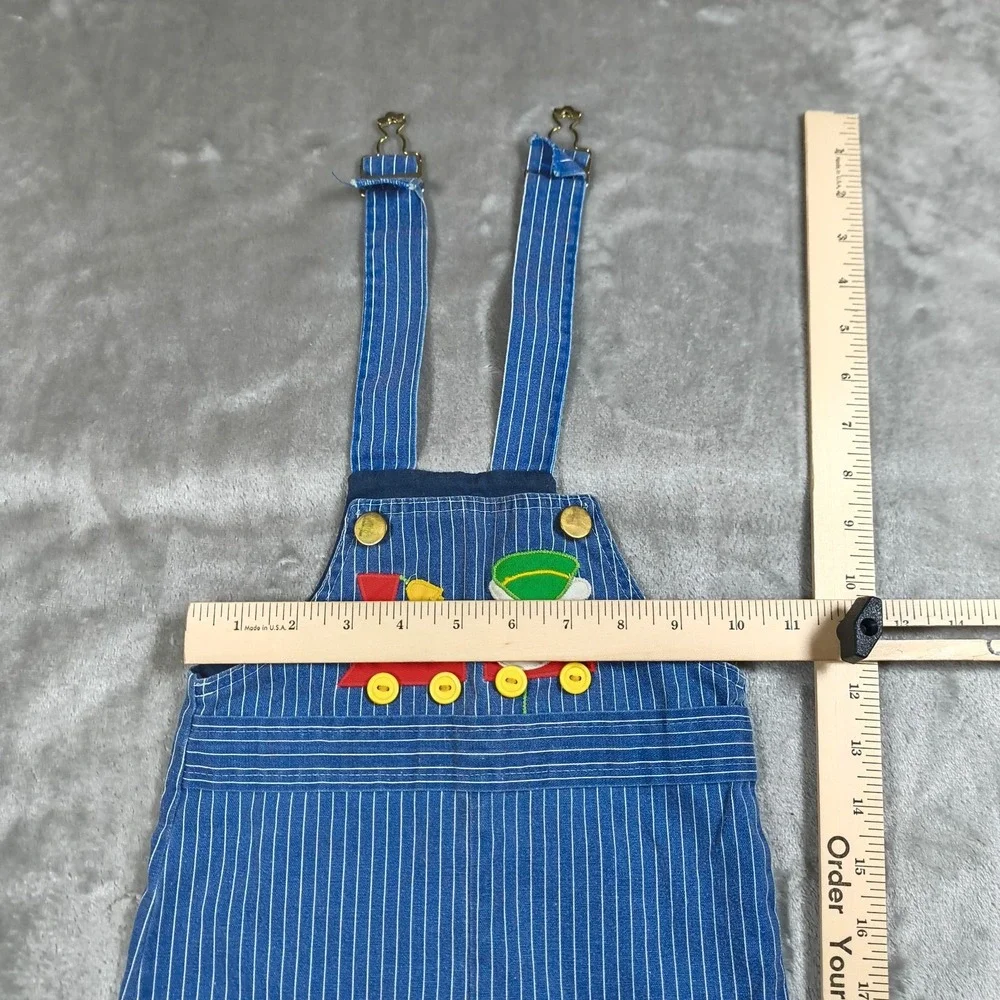 Vintage By Thomas Overalls Baby 12M Blue Pinstripe Train Cartoon Made In USA 80s